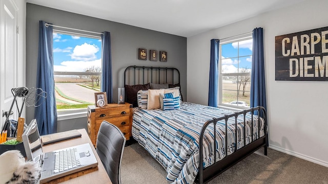 bedroom with carpet floors and baseboards