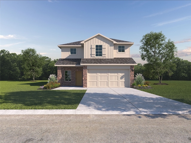 view of front of house with brick siding, a garage, a front lawn, and concrete driveway