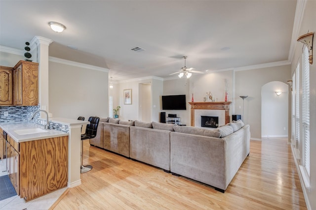 3002 Silver Springs Way, Rowlett, TX 75089 - living area featuring a ceiling fan, arched walkways, light wood-style floors, crown molding, and a fireplace