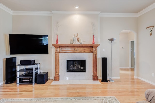 3002 Silver Springs Way, Rowlett, TX 75089 - living room featuring wood finished floors, arched walkways, ornamental molding, a high end fireplace, and baseboards