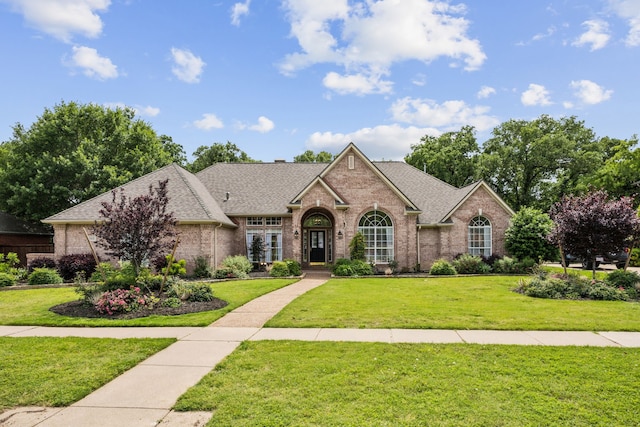 view of front facade with brick siding, a shingled roof, and a front yard