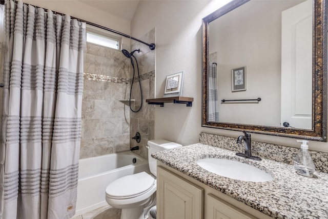 full bath with shower / bath combo with shower curtain, toilet, and vanity