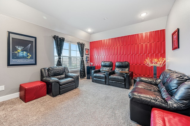 cinema room featuring baseboards, carpet flooring, and recessed lighting