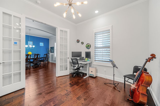 home office with crown molding, a notable chandelier, french doors, and wood finished floors