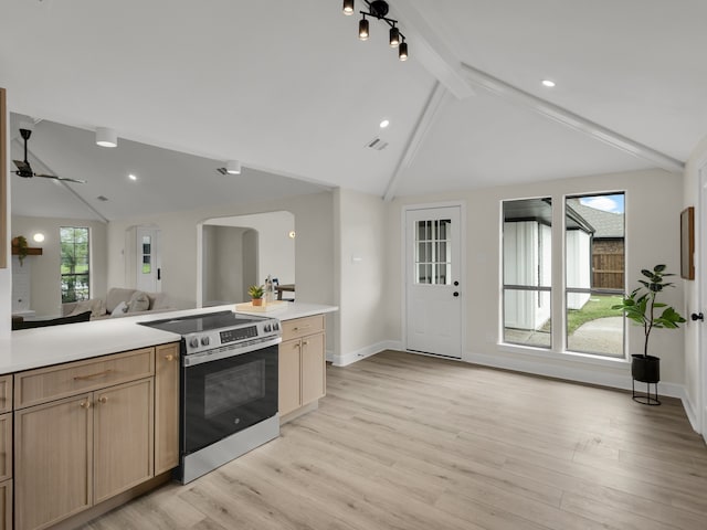 kitchen with light countertops, electric stove, lofted ceiling with beams, open floor plan, and light wood-style flooring