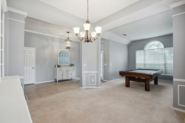 playroom featuring visible vents, pool table, wainscoting, carpet floors, and a chandelier