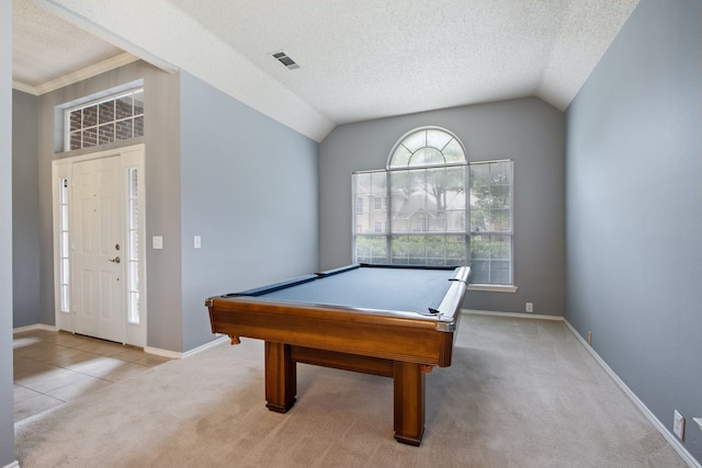 recreation room featuring visible vents, baseboards, pool table, and light colored carpet