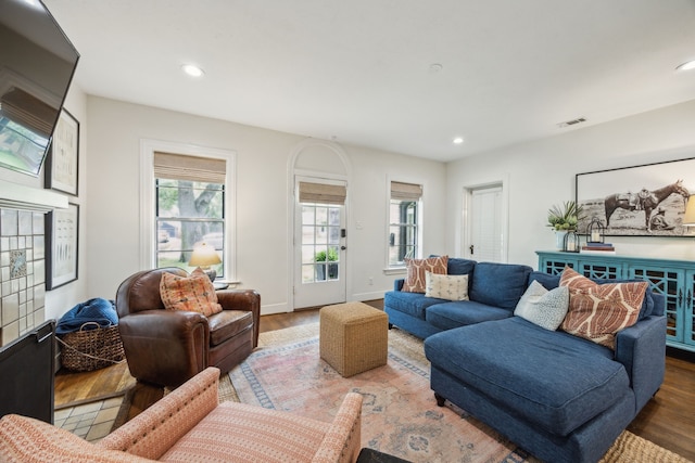 living area featuring recessed lighting, a healthy amount of sunlight, and wood finished floors