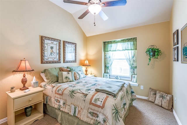 carpeted bedroom featuring baseboards, a ceiling fan, and lofted ceiling