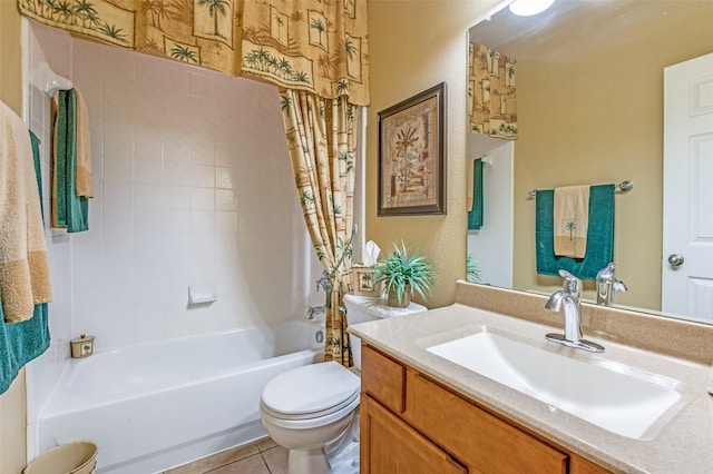 full bath featuring tile patterned floors, vanity, toilet, and shower / bath combination with curtain
