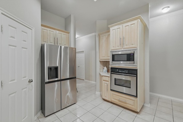 4833 Heber Springs Trl, Fort Worth, TX 76244 - kitchen featuring stainless steel appliances, light brown cabinets, light tile patterned floors, ornamental molding, and light countertops