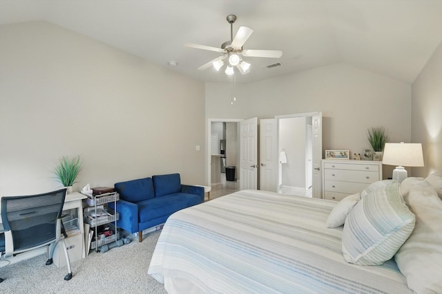 carpeted bedroom featuring ceiling fan, vaulted ceiling, and visible vents