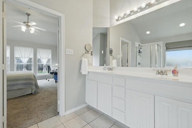4833 Heber Springs Trl, Fort Worth, TX 76244 - ensuite bathroom featuring a ceiling fan, a shower stall, lofted ceiling, double vanity, and tile patterned floors