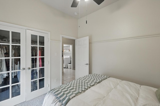 4833 Heber Springs Trl, Fort Worth, TX 76244 - bedroom with washer / dryer, french doors, a ceiling fan, and tile patterned floors