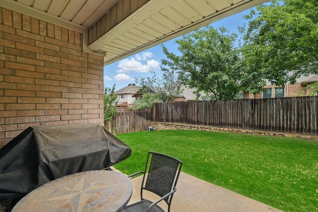 view of patio featuring a fenced backyard and a grill