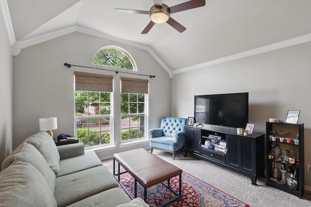 living room featuring crown molding, ceiling fan, lofted ceiling, and carpet