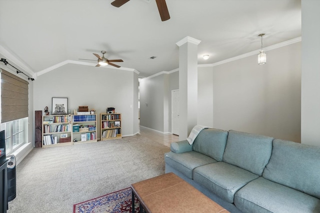 carpeted living area featuring a ceiling fan, baseboards, visible vents, and ornamental molding
