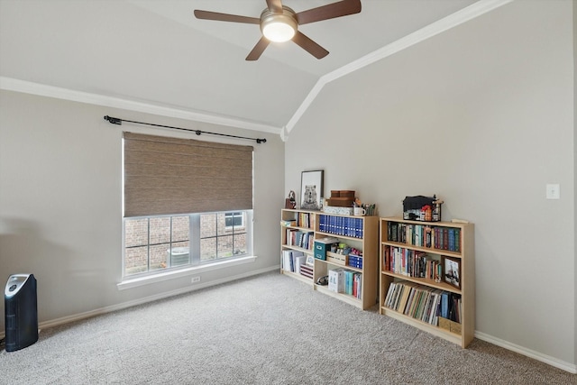 4833 Heber Springs Trl, Fort Worth, TX 76244 - living area featuring lofted ceiling, carpet floors, a ceiling fan, crown molding, and baseboards