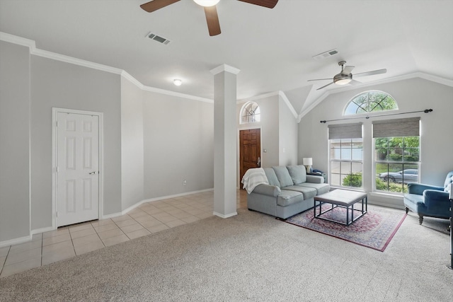 4833 Heber Springs Trl, Fort Worth, TX 76244 - living area with a ceiling fan, carpet floors, tile patterned flooring, baseboards, and lofted ceiling