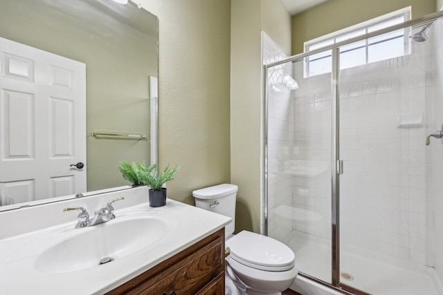 full bath featuring vanity, toilet, and a shower stall