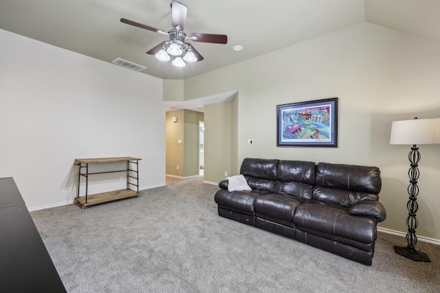 carpeted living room with visible vents, a ceiling fan, and baseboards