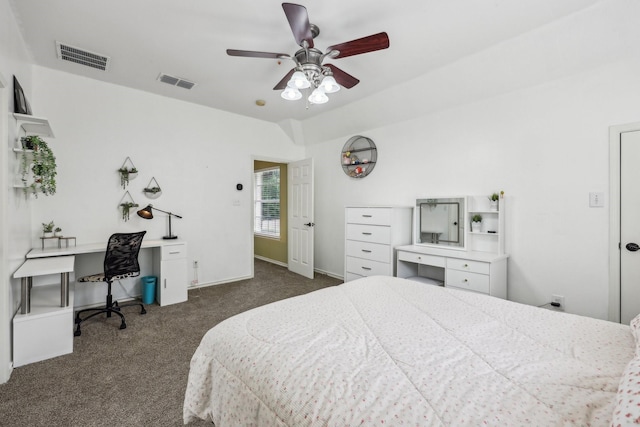 bedroom featuring baseboards, ceiling fan, dark colored carpet, and visible vents