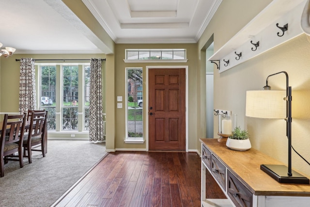 foyer with dark wood-type flooring, ornamental molding, baseboards, and a tray ceiling