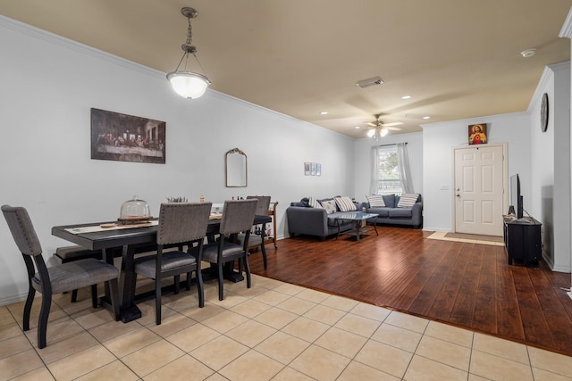 172 High School Dr, Lewisville, TX 75057 - dining space with ceiling fan, visible vents, crown molding, light tile patterned floors, and recessed lighting