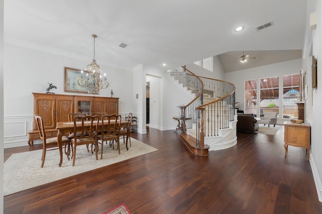 dining room featuring recessed lighting, visible vents, wood finished floors, and stairway