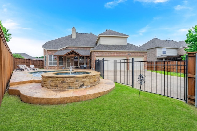 view of yard with a fenced backyard, a patio, and an attached garage