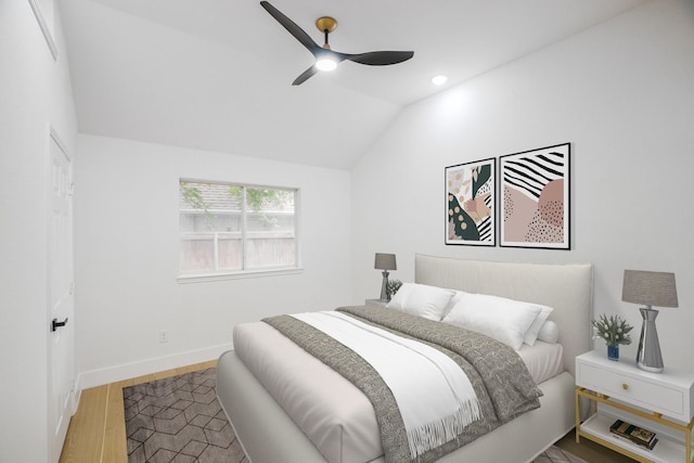 bedroom with a ceiling fan, baseboards, recessed lighting, wood finished floors, and vaulted ceiling