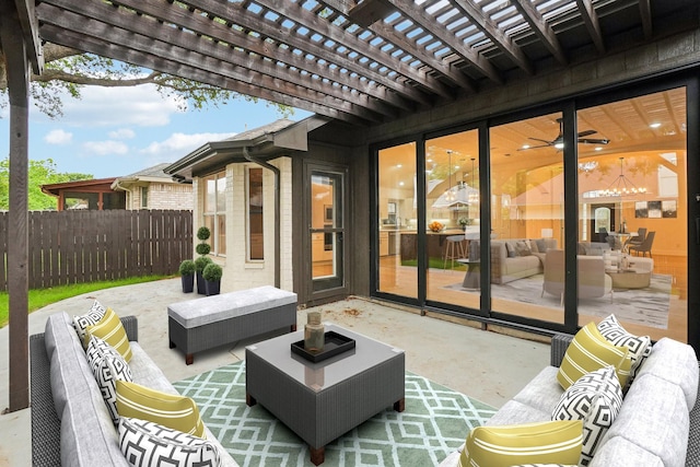view of patio / terrace with fence, an outdoor living space, and a pergola