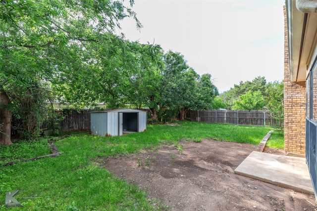 view of yard featuring a fenced backyard, a patio area, a storage shed, and an outbuilding