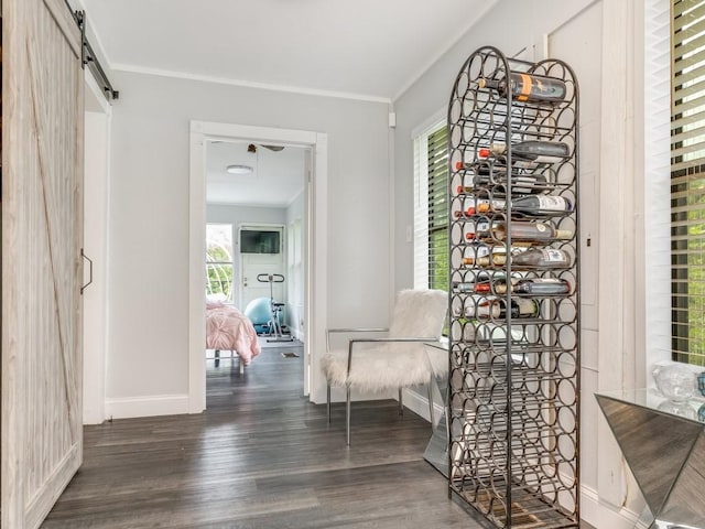 wine room featuring baseboards, ornamental molding, wood finished floors, and a barn door