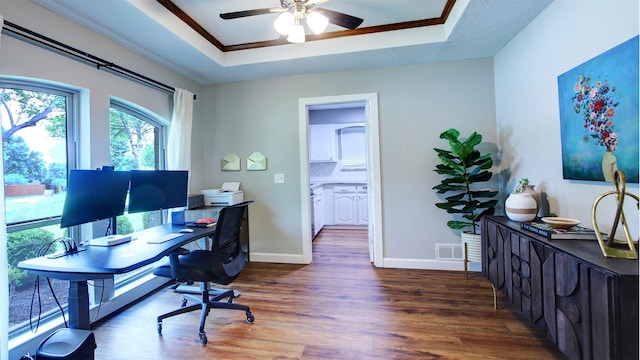 home office featuring a raised ceiling, ceiling fan, and wood finished floors