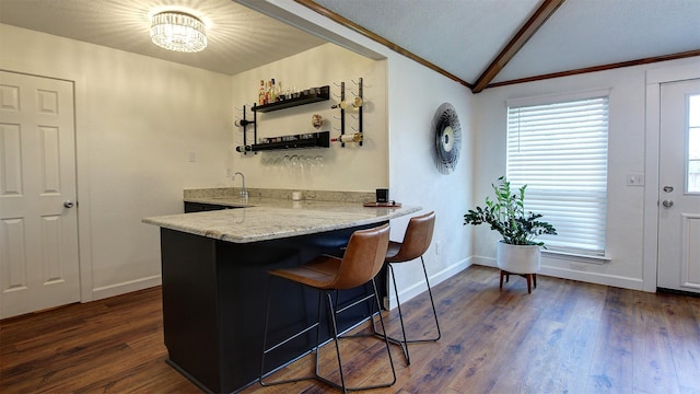 bar with crown molding, indoor wet bar, baseboards, dark wood-type flooring, and vaulted ceiling