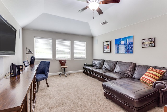 carpeted living room with baseboards, a ceiling fan, lofted ceiling, and visible vents
