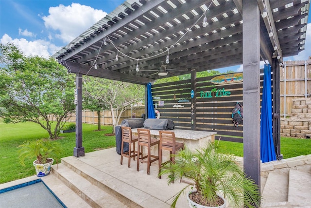 view of patio with a ceiling fan, fence, a pergola, and outdoor dry bar