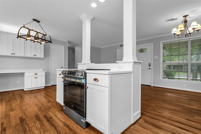 414 Jolee St, Richardson, TX 75080 - kitchen featuring white cabinetry, a notable chandelier, decorative columns, and baseboards