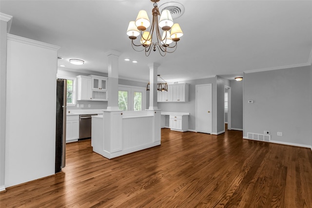 414 Jolee St, Richardson, TX 75080 - kitchen featuring an inviting chandelier, ornamental molding, dark wood-style flooring, light countertops, and stainless steel appliances