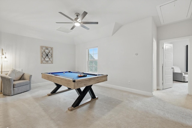 rec room with attic access, visible vents, pool table, baseboards, and light carpet