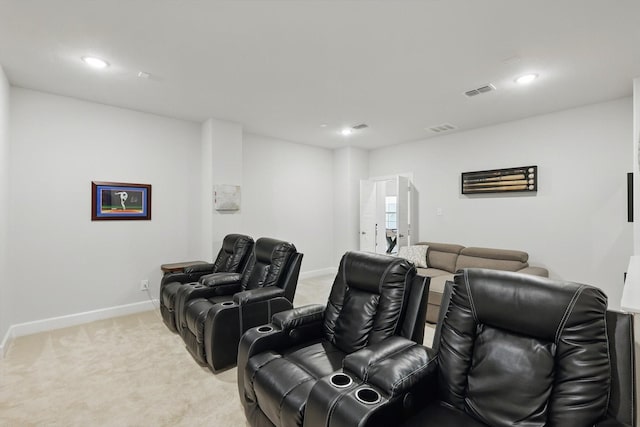 home theater with light colored carpet, recessed lighting, baseboards, and visible vents