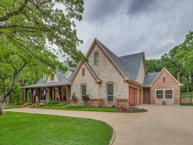 view of front of property featuring a front lawn, stone siding, curved driveway, an attached garage, and a porch