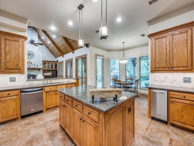 kitchen with a center island, brown cabinetry, backsplash, and dishwasher