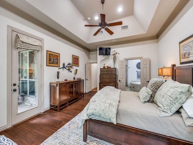 bedroom featuring visible vents, ornamental molding, access to outside, recessed lighting, and dark wood-type flooring