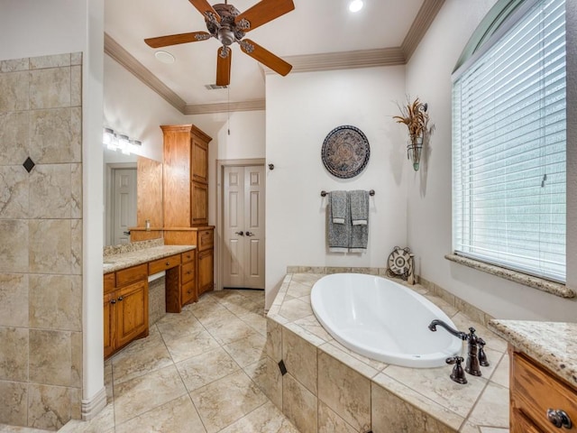 full bath featuring crown molding, vanity, a ceiling fan, and a garden tub