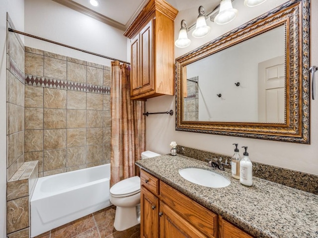 full bath featuring toilet, ornamental molding, shower / bath combo, and vanity