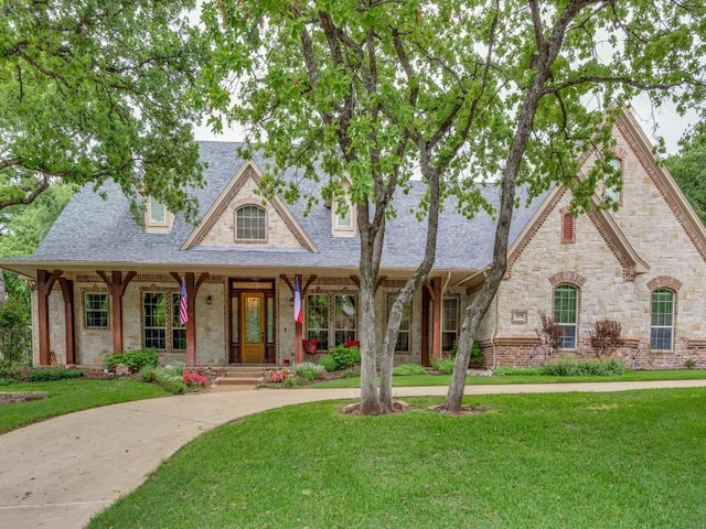 view of front of house featuring roof with shingles, stone siding, and a front yard