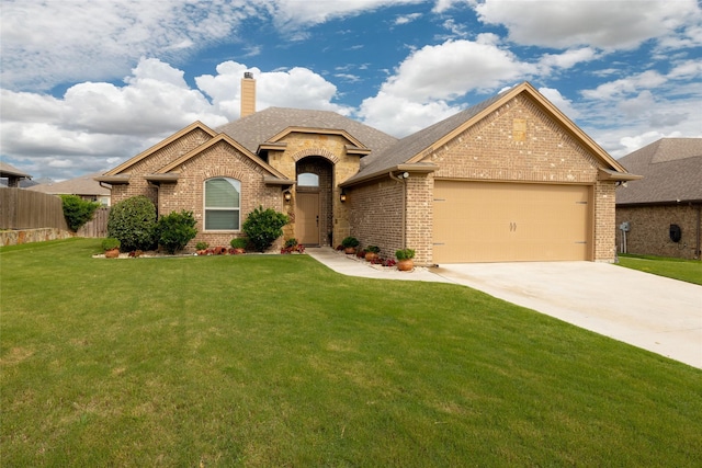 view of front of property with fence, a chimney, brick siding, concrete driveway, and an attached garage