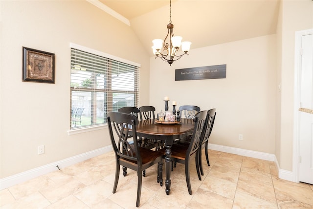dining room featuring baseboards, a notable chandelier, and lofted ceiling